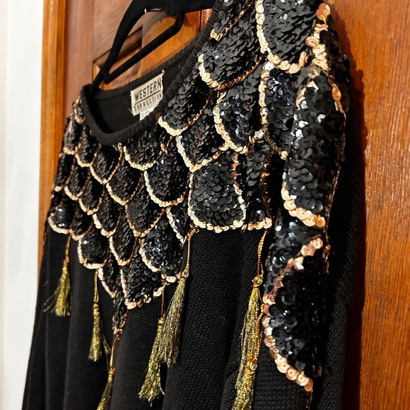 Vintage Western Connection sequined tassel black sweater size L - Picture 7 of 15